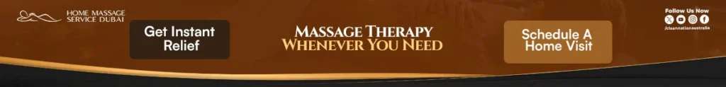 "Promotional banner for Home Massage Service Dubai featuring the headline 'Massage Therapy Whenever You Need,' with call-to-action buttons 'Get Instant Relief' and 'Schedule A Home Visit' on a warm brown and gold background, plus social media icons in the top-right corner."