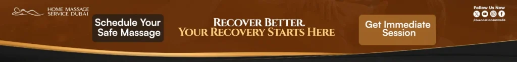 "Promotional banner for Home Massage Service Dubai featuring the headline 'Recover Better. Your Recovery Starts Here,' with call-to-action buttons 'Schedule Your Safe Massage' and 'Get Immediate Session,' displayed on a brown and gold background with social media icons in the top-right corner."