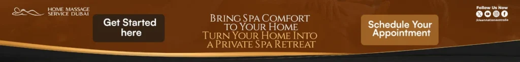 Promotional banner for Home Massage Service Dubai featuring the message "Bring Spa Comfort to Your Home" with call-to-action buttons and highlighting a premium Couple Massage Dubai experience with easy online appointment booking.