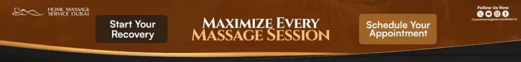 Banner promoting home massage service in Dubai with the message "Maximize Every Massage Session" and call-to-action buttons encouraging users to start their recovery and schedule a massage appointment.